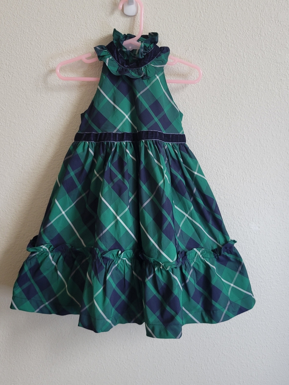 Janie and Jack Green/Blue Plaid Ruffle Collar Halter Party/Holiday Dress Girl 2T